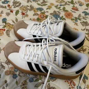 Adidas Women’s White and Black Sneakers with Tan Accents